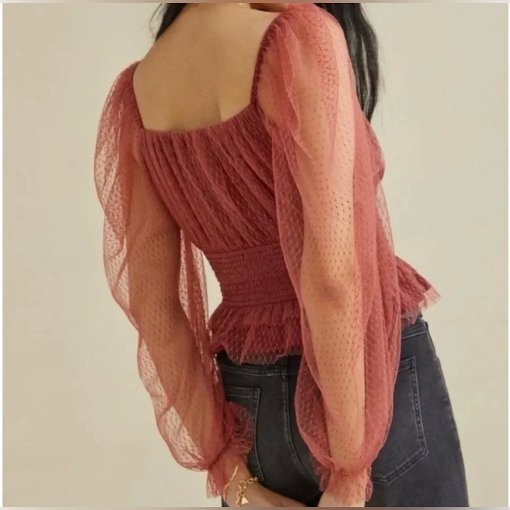 Anthropologie Red Textured Blouse with Sheer Sleeves - Picture 9 of 10